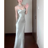 Daiiibabyyy  Elegant Satin Midi Dress Sexy Black Spaghetti Strap Backless Dress Summer Women Party Dress Korean Style Slim Fit Dress