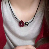 DAIIIBABYYY  -  Trendy Velvet Flower Bead Necklace New Simple Y2K Dark Punk Collarbone Chain Choker Women Girls Necklace Party Jewelry Gift