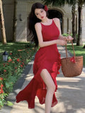 DAIIIBABYYY  -  Summer Red Ruffles Womens Dresses Sexy Spaghetti Strap Sleeveless Birthday Party Dress Female Holiday Beach Vestidos Mujer New