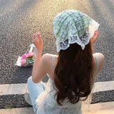 Daiiibabyyy Korean Sweet Turban Cap Summer Lace Triangle Headscarf for Woman Girls Headwear Scarf Headband Hair Accessories