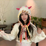Daiiibabyyy  Women's Winter Hats Cute Funny Little Monster Knitted Hat Winter Plush Warm Woolen Hat With Straps Ear-protecting Lei Feng Hat