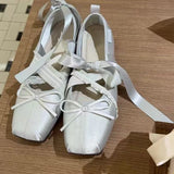 Daiiibabyyy  Bow Flats Women's Ballet Shoes Square Toe Designer Elegant for Woman Shallow Sandals Loafers Lolita Summer Lady Shoes
