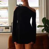 DAIIIBABYYY  -  Women Lace-Up Loungewear Sheath Dress, Spring Summer Long Sleeve Slim Mini Dress, Solid Sexy Skew Collar Ladies Party Dress