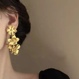 Daiiibabyyy  Exaggerated Metal Hollow Flower Drop Earrings for Women Luxury Gold Color Petal Crystal Temperament Earrings Party Jewelry