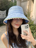 Daiiibabyyy  Women's Cute Hats Blue Bucket Hats Weet Style Lace Sweet Girl Fisherman Hat Summer Sun Protection Hat Trend Korean Version Caps