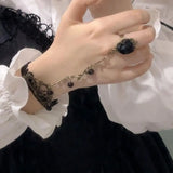 Daiiibabyyy  Lolita Gothic Crystal Finger Bracelet for Women Baroque Rose Lace Bracelet with Finger Ring Charm Vampire Hand Jewelry Pulseras