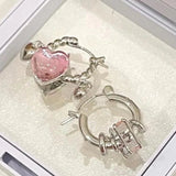 Daiiibabyyy  Y2K Pink Crystal Heart-Shaped Ear Buckle for Women Rectangular Asymmetrical Metal Circle Pendant Women's Banquet Elegant Earring
