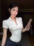 Daiiibabyyy  Ropa Mujer Solid Woman Sexy Y2k T Shirts Turn Down Collar Ruffled Tunic Bodycon Tees Fashion Vintage Summer Pocket T-shirt
