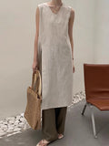 DAIIIBABYYY  -  Cusual Loose Side Slit Linen Vest Dress Women Summer New Style French Luxury V-neck Layered Long Solid Vestidos