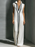 Daiiibabyyy  Summer New High Waist Commute Maxi Dress Fashion Color Blocked Lapel Sleeveless Robe Elegant Lady Hollow Out Pleated Linen Dress