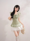 Daiiibabyyy  Vintage Japanese Square Collar Short Sleeve Solid Lace Patchwork Bow Women Blouse