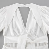 Daiiibabyyy  Elegant Backless Dress White Fashion Hollow Bow Lace-up High Waist V-Neck Dress Luxury Fashion Women Party Evening Dress