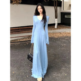 Daiiibabyyy  French Knitted Long Dress Coat Women's Early Spring Design Waist Cinching Gown Elegant Classy A- Line Skirt