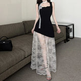 Daiiibabyyy  French  flower square neck vest splicing lace dress summer new temperament age-reducing versatile dress