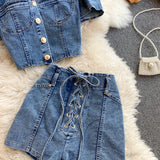 Daiiibabyyy  American Retro Denim Sets for Women Polo Collar Hollow Out Tops+High Waist Bandage Hot Shorts Girls Two-piece Set