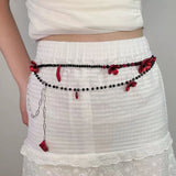 DAIIIBABYYY  -  Fashion Retro Multilayer Red Flower Beaded Waist Chain For Women's Sweet Cool Temperament Body Accessories Party Belts