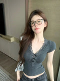 DAIIIBABYYY  -  Spicy Girl Lace Patchwork V-neck Sleeved Bow Gray T-shirt Women Summer Slim Fit Slimming Niche Short Top