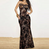 Daiiibabyyy  Sleeveless Slim Party Fishtail Dress Summer Off Shoulder Ribbon Maxi Dresses Sexy Tube Top Lace Embroidery Evening Dress