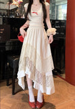 Daiiibabyyy  Irregular Sweet Lace Midi Skirt Women High Waisted Ruffled Pleated Skirt Preppy Style Summer Vacation Beach Tiered Cake Skirt