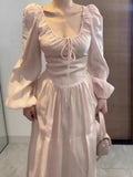 Daiiibabyyy  Korean Sweet Pink Dress for Women Square Collar Slim Waist Robe Elegant Femme Vestidos De Mujer Vintage Puff Sleeve Maxi Dresses