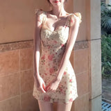 Daiiibabyyy  Gentle French Style Broken Flowers Mini Dress Summer Square Collar Women's Clothing Flying Sleeve Stylish Lace Spliced Dresses