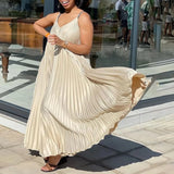 DAIIIBABYYY  -  Sexy Spaghetti Stap Dresses for Women V Neck Sleeveless Loose Pleated Ankle Length Elegant Ladies Birthday Party Dinner Gowns