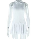 Daiiibabyyy  Summer Woman Dress Sleeveless Lapel Collar Dresses Mid Waist Mini Dress V Neck Front Zipper Casual Solid White Streetwear