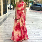 Daiiibabyyy  Sexy Slanting Elegant Pattern Print Lace-Up Party Dress Casual Sleeveless Pleated Bohe WomenDress  Shoulder Big Swing Long Dress