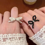 Daiiibabyyy  Bow Glass Bead Ring Fashionable Y2K Sweet Exquisite Transparent Bead Three-Layer Design Ring Daily Party Wedding Jewelry Gifts