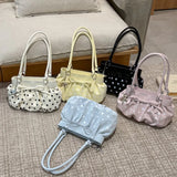 Daiiibabyyy  Polka Dot Ruched Shoulder Bag With Star Pendant Women Bow Decor Large Capacity Hobo Bag Retro Versatile Handbag For Daily Commut