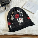 DAIIIBABYYY  -  Korean Flower Jacquard Crimped Knitted Hat Winter Outdoor Warm Ear Protection Big Head Drawstring Design Women Skull Beanie Cap