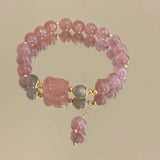 Daiiibabyyy  Light Luxury Strawberry Crystal Pink Beads Beaded Bracelet Exquisite Tassel Pendant Flower Bracelet Temperament Handmade Jewelry