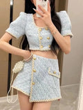 Daiiibabyyy Elegant Chic Vintage Tweed Sets Women Outfits Puff Sleeve Double Breasted Cropped Tops + Asymmetrical Mini Skirt Two Piece Suits