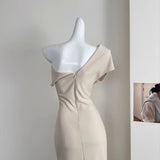 Daiiibabyyy  French irregular swing collar diagonal shoulder dress children's summer simple new waist  off-the-shoulder hip-wrapped dress