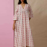 Daiiibabyyy  Summer New Pleated Commute Maxi Dresses Leisure V-neck Printed Half Sleeve Dress Elegant Women's High Waist Loose A-line Dress