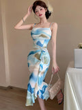 DAIIIBABYYY  -  Summer Boho Print Mesh Chic Ruffled Long Dress Women Elegant Bodycon Sling Sexy Dress 2025 Korean Fashion Luxury One Piece Dress