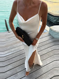Daiiibabyyy  Women's Elegant Satin V Neck Long Dress Sleeveless Backless High Fork Robes Vacation Beach Maxi Vestidos New Lady Dresses