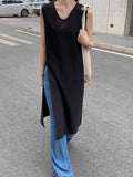 DAIIIBABYYY  -  Cusual Loose Side Slit Linen Vest Dress Women Summer New Style French Luxury V-neck Layered Long Solid Vestidos