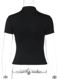 Daiiibabyyy  Black Cheongsam Collar Cutout Top Women Sexy Short Sleeve Slim Fit Shirt Spring Casual Chic Streetwear Form-fitting Tee