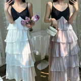 DAIIIBABYYY  -  Summer Mermaid Ji Flowing Contrast Color Spliced Sling Ruffled Cake Skirt Women's Sweet V-neck High Waist Vacation Long Skirt