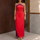 Daiiibabyyy  Women Fashion Color Blocking Split Slim Long Dress Elegant Scarf Waist Sling Maxi Dress Sexy Off shoulder Sleeveless Party Gowns