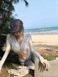 DAIIIBABYYY  -  American Hot Girl Hollow V-neck T-shirt for Women's Spring Long-sleeved Grey Slim Fit Sexy Short Top Fashion Female Clothes