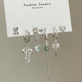 Daiiibabyyy  6Pcs Set Vintage Aesthetic Silver Color Bowknot Crystal Heart Pendant Earrings For Women Trendy Y2K Cute Jewelry EMO Accessories