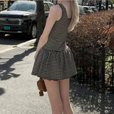 Daiiibabyyy  Women Plaid Printed Square Collar Sleeveless High Waisted Bow Patchwork Backless Simple Style Cute Sling Pleated Tank Dress
