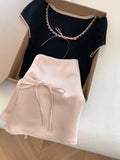 DAIIIBABYYY  -  Sweet Girl Suit Women's Summer Pink High-waisted Lace-up Skirt Black Short Knitwear Two-piece Set Fashion Female Clothes