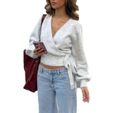 Daiiibabyyy  Woman Cardigan Sweater V Neck Solid Color Knit Long Sleeve Tie Waist Open Front Cropped Light Gray Women's Sweater Elegant