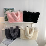 Daiiibabyyy Winter Large Capacity Faux Fur Tote Bag Long Plush Fringe Design Women's Fluffy Warm Handbag Luxury  Soft Travel Shopper Purses