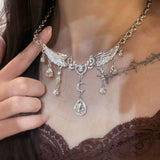 DAIIIBABYYY  -  Silver Color Hollow Star Choker Necklaces For Women Long Tassel Rhinestone Imitation Pearl Chain Necklaces Statements Jewelry