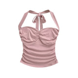 Daiiibabyyy  New Women's Fashion Sexy Backless Halter Neck Tie-up Ruched Tube Top Ultra-short Camisole Top In Solid Color Pure Desire F1MR