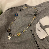 Daiiibabyyy  Korean Crystal Flower Love Pendant Necklace for Women New Trendy Beaded Choker Necklace Y2K Jewelry Accessories
